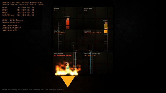 Milestone 0: grey boxes, placeholder crew and a fire in the drill room.