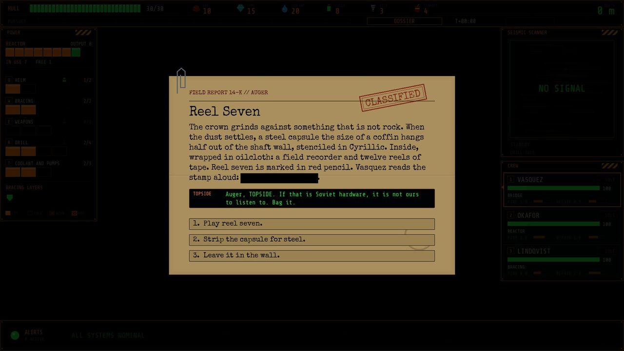 An event dossier with a redaction bar and three choices.
