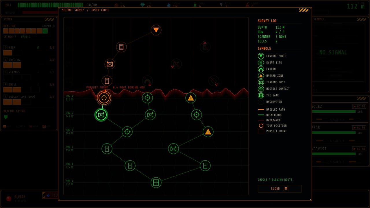 The node map: drilled path, routes below, the pursuer's front creeping down.